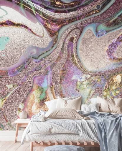 papel pintado de geoda lila, rosa, oro