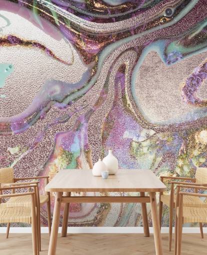 papel pintado de geoda lila, rosa, oro