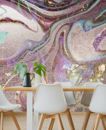 papel pintado de geoda lila, rosa, oro