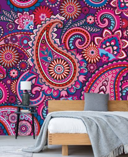 roze, paars en rood paisley behang