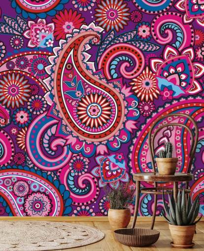 vaaleanpunainen, violetti ja punainen paisley tapetti