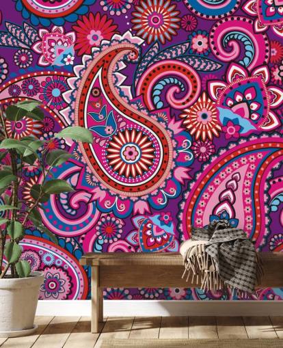 roze, paars en rood paisley behang