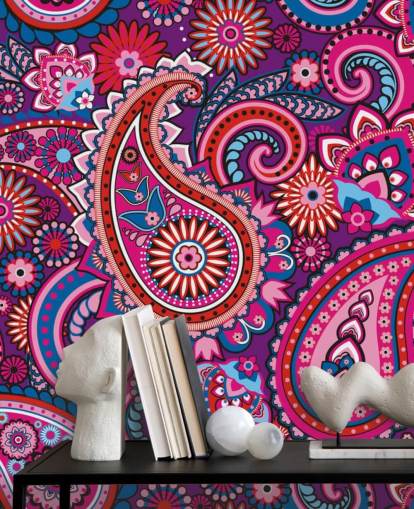 roze, paars en rood paisley behang roze, paars en rood paisley behang