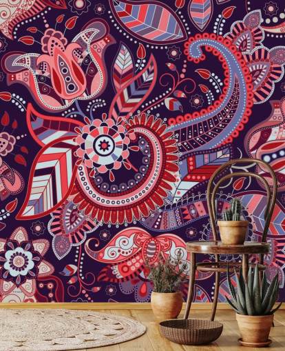 papier peint cachemire rose, rouge et violet