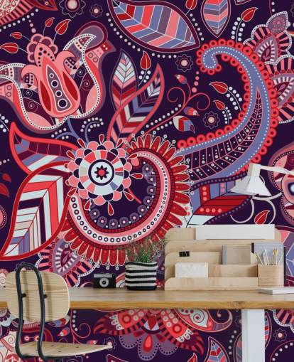 papel pintado paisley rosa, rojo y morado