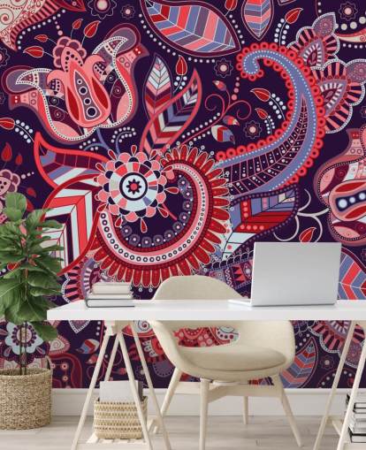 papier peint cachemire rose, rouge et violet