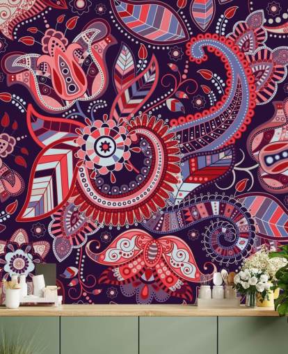 carta da parati paisley rosa, rosso e viola