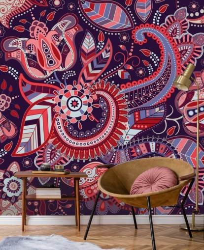 pink, rød og lilla paisley tapet