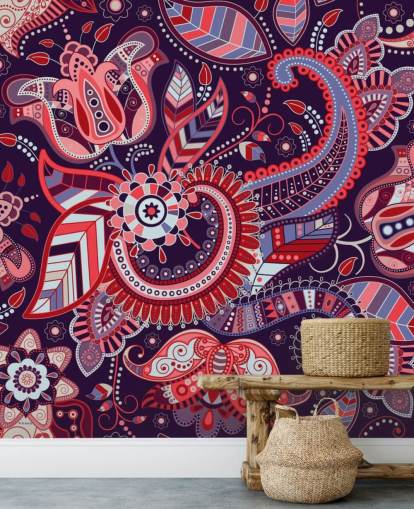 carta da parati paisley rosa, rosso e viola