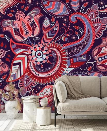 papel pintado paisley rosa, rojo y morado