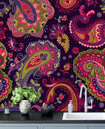 papel de parede paisley verde e rosa