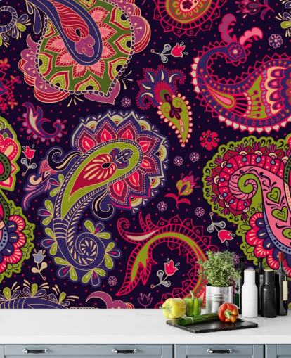 carta da parati paisley verde e rosa