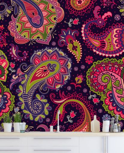 papel de parede paisley verde e rosa