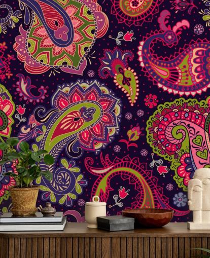 carta da parati paisley verde e rosa