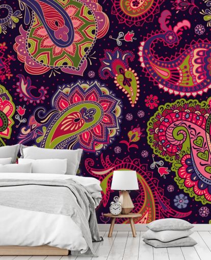 papel de parede paisley verde e rosa