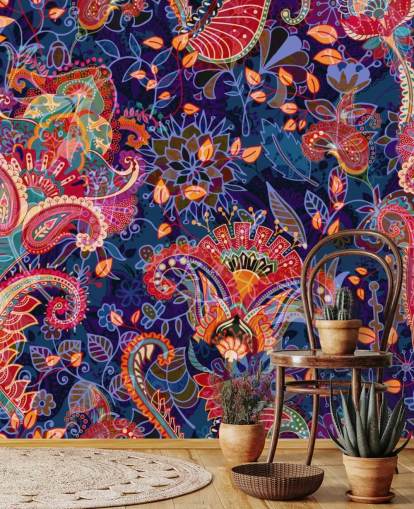 papel de parede floral roxo com flores vermelhas