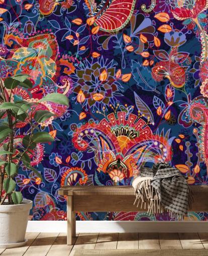 papel de parede floral roxo com flores vermelhas