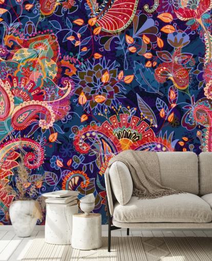 papel pintado floral morado con flores rojas