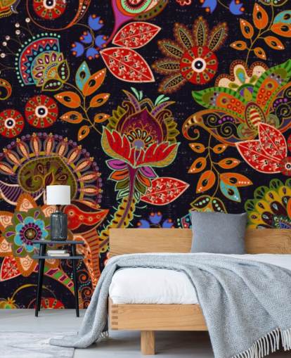 colourful folk art flowers on dark background wallpaper