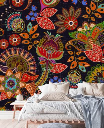 fleurs d'art populaire coloré sur fond sombre papier peint