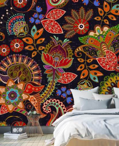 colourful folk art flowers on dark background wallpaper