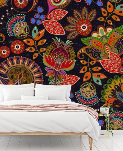 colourful folk art flowers on dark background wallpaper