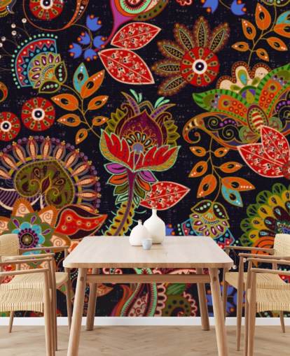 fleurs d'art populaire coloré sur fond sombre papier peint