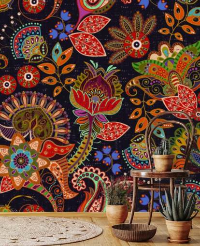 bunte Volkskunst Blumen auf dunklem Hintergrund Tapete bunte Volkskunst Blumen auf dunklem Hintergrund Tapete