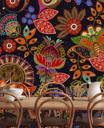 colourful folk art flowers on dark background wallpaper