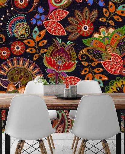 bunte Volkskunst Blumen auf dunklem Hintergrund Tapete