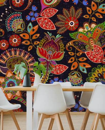 bunte Volkskunst Blumen auf dunklem Hintergrund Tapete