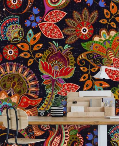 fiori colorati di arte popolare su sfondo scuro carta da parati