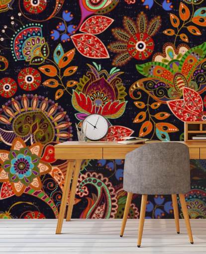 bunte Volkskunst Blumen auf dunklem Hintergrund Tapete