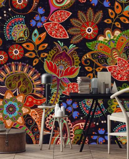 fleurs d'art populaire coloré sur fond sombre papier peint