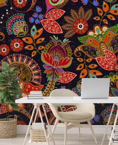 värikäs folk art kukkia tummalla taustalla tapetti