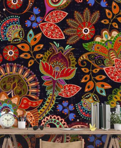 colourful folk art flowers on dark background wallpaper