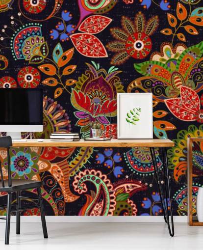 colourful folk art flowers on dark background wallpaper