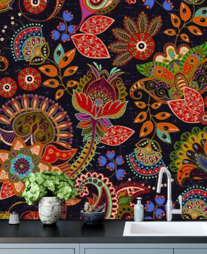 colourful folk art flowers on dark background wallpaper
