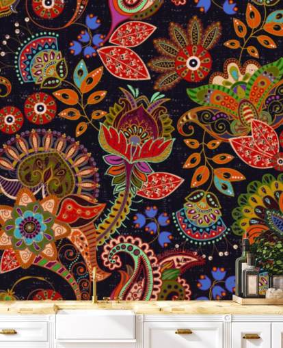 bunte Volkskunst Blumen auf dunklem Hintergrund Tapete bunte Volkskunst Blumen auf dunklem Hintergrund Tapete