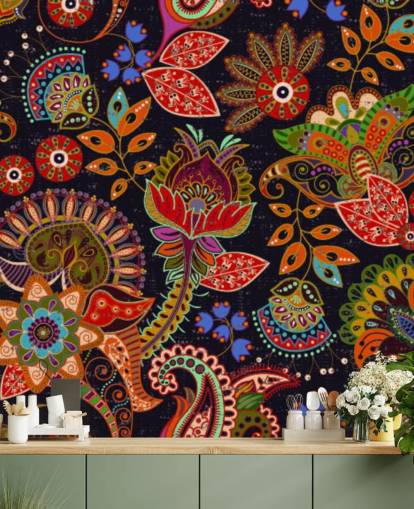 colourful folk art flowers on dark background wallpaper
