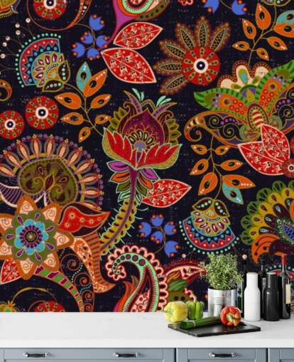 värikäs folk art kukkia tummalla taustalla tapetti