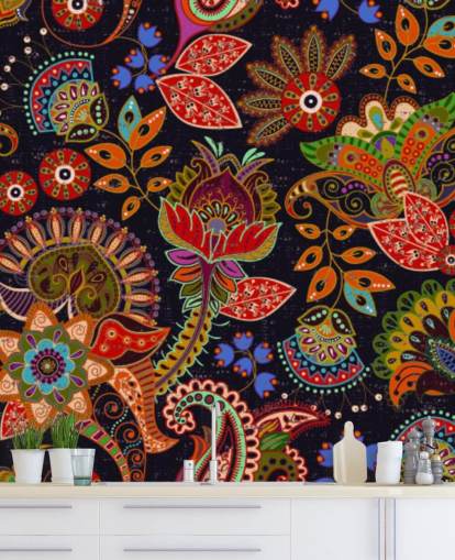 värikäs folk art kukkia tummalla taustalla tapetti värikäs folk art kukkia tummalla taustalla tapetti