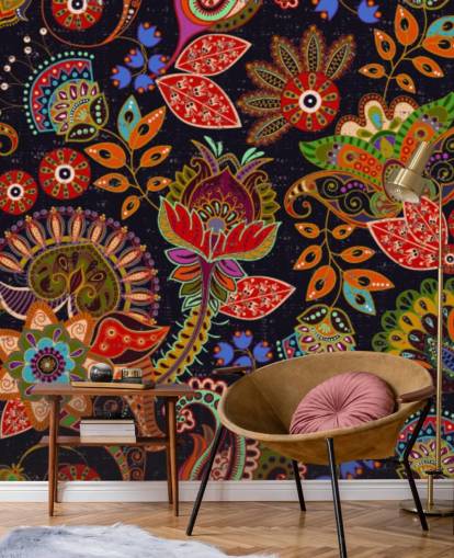colourful folk art flowers on dark background wallpaper