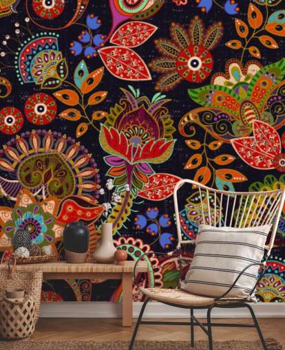 fleurs d'art populaire coloré sur fond sombre papier peint