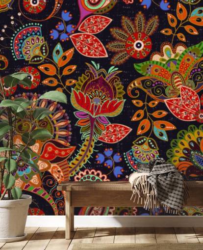 colourful folk art flowers on dark background wallpaper colourful folk art flowers on dark background wallpaper