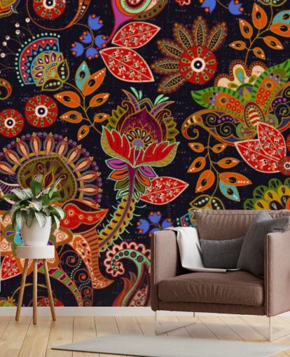 fleurs d'art populaire coloré sur fond sombre papier peint