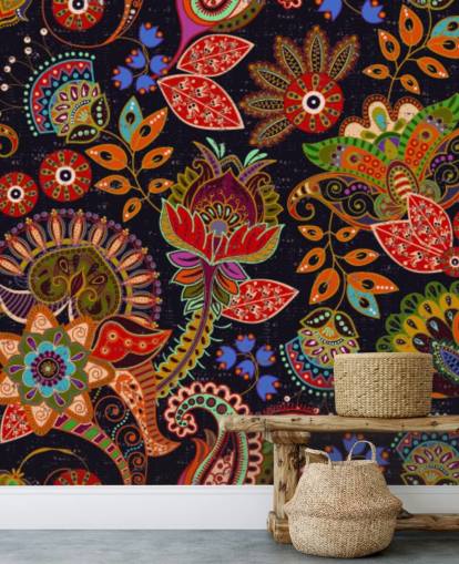 fiori colorati di arte popolare su sfondo scuro carta da parati