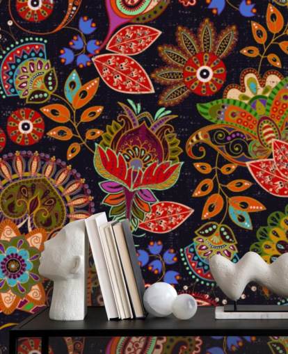 fleurs d'art populaire coloré sur fond sombre papier peint