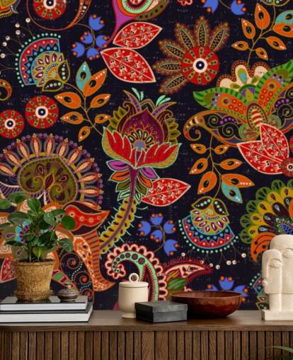 colourful folk art flowers on dark background wallpaper