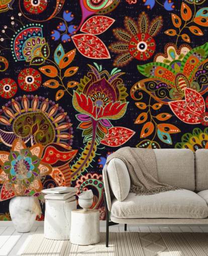 fleurs d'art populaire coloré sur fond sombre papier peint